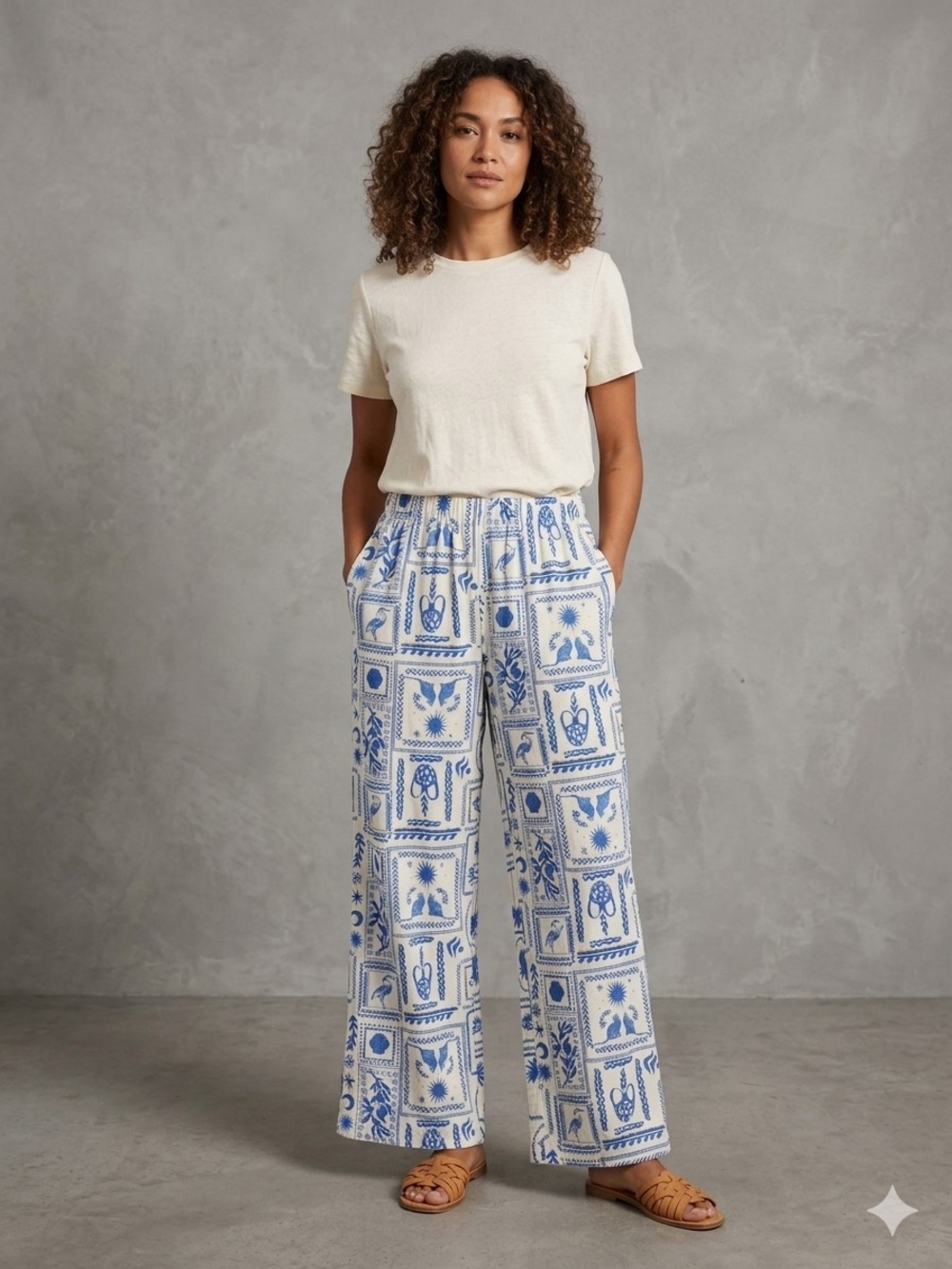 Sincerely Jules Patterned Rayon Linen Pants Large Blue White Urns Herons NWOT